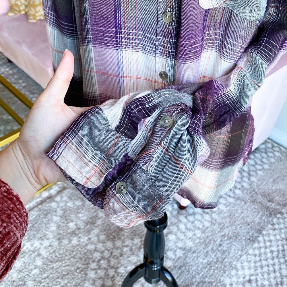 Lucky Brand Plaid Purple Cream Long Sleeve Flannel with Back Button Detail Small - Picture 5 of 9